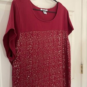 Liz Claiborne Woman Short Sleeve Cranberry Maroon SEE With Gold Sequins Size 3X